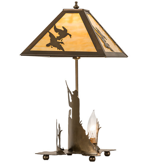 Meyda Lighting Duck Hunter 21" 2-Light Antique Copper Dog Table Lamp With Beige Art Shade Glass