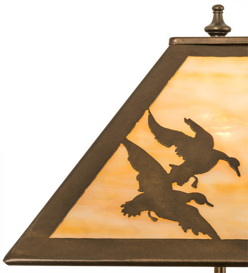 Meyda Lighting Duck Hunter 21" 2-Light Antique Copper Dog Table Lamp With Beige Art Shade Glass