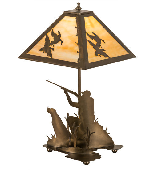 Meyda Lighting Duck Hunter 21" 2-Light Antique Copper Dog Table Lamp With Beige Art Shade Glass