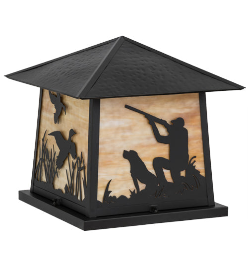 Meyda Lighting Duck Hunter With Dog 26" 4-Light Black Outdoor Pier Mount Light With Beige Art Shade Glass
