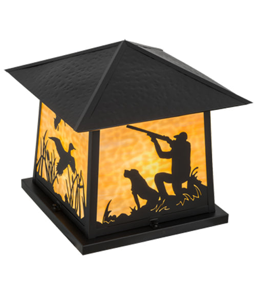 Meyda Lighting Duck Hunter With Dog 26" 4-Light Black Outdoor Pier Mount Light With Beige Art Shade Glass