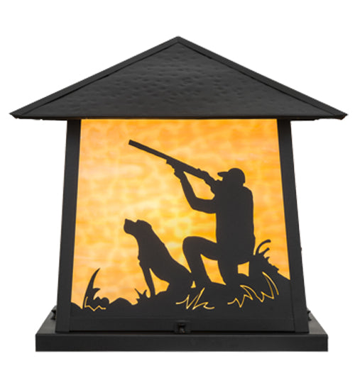 Meyda Lighting Duck Hunter With Dog 26" 4-Light Black Outdoor Pier Mount Light With Beige Art Shade Glass