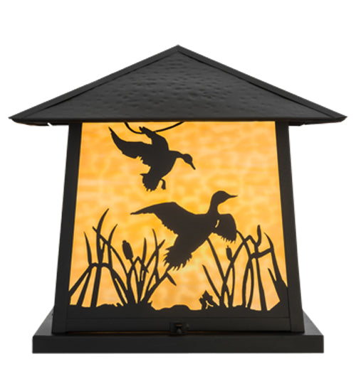 Meyda Lighting Duck Hunter With Dog 26" 4-Light Black Outdoor Pier Mount Light With Beige Art Shade Glass