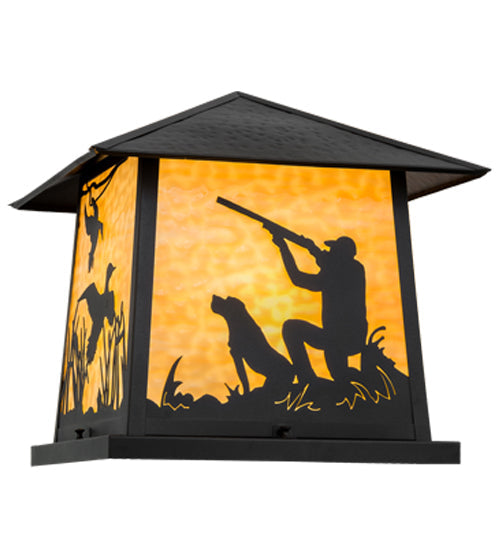 Meyda Lighting Duck Hunter With Dog 26" 4-Light Black Outdoor Pier Mount Light With Beige Art Shade Glass