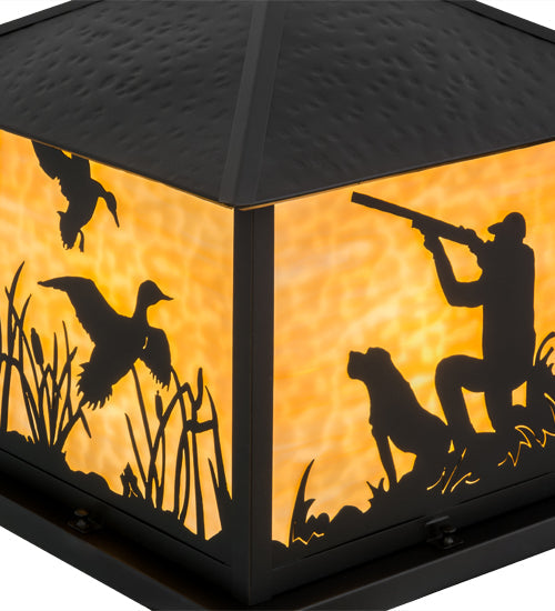 Meyda Lighting Duck Hunter With Dog 26" 4-Light Black Outdoor Pier Mount Light With Beige Art Shade Glass