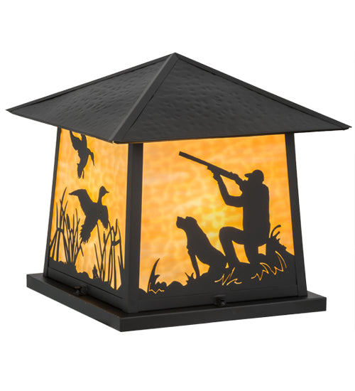 Meyda Lighting Duck Hunter With Dog 26" 4-Light Black Outdoor Pier Mount Light With Beige Art Shade Glass