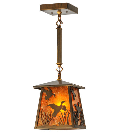 Meyda Lighting Ducks in Flight 10" Antique Copper Pendant Light With Amber Mica Shade Glass