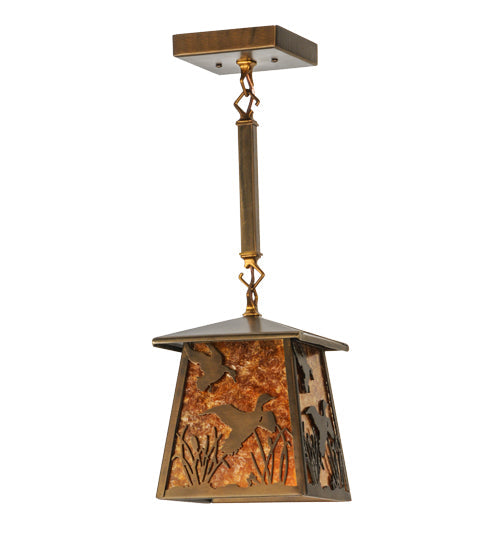 Meyda Lighting Ducks in Flight 10" Antique Copper Pendant Light With Amber Mica Shade Glass