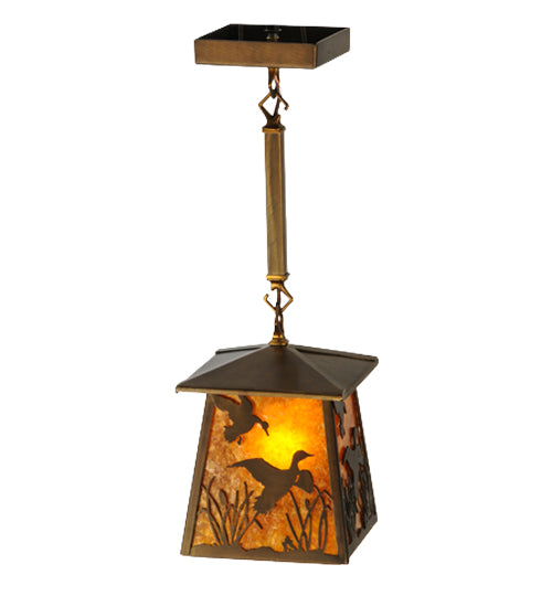 Meyda Lighting Ducks in Flight 10" Antique Copper Pendant Light With Amber Mica Shade Glass