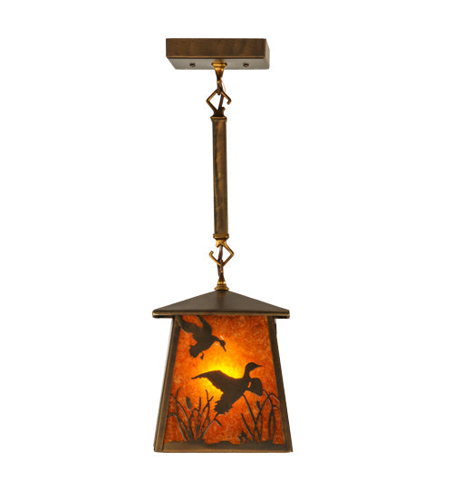 Meyda Lighting Ducks in Flight 10" Antique Copper Pendant Light With Amber Mica Shade Glass