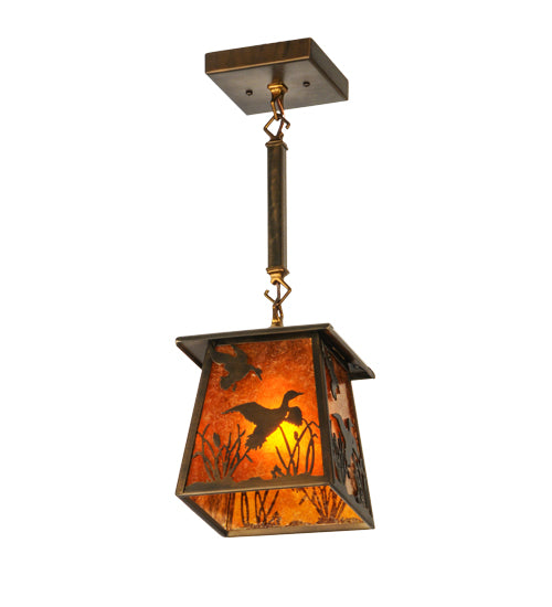 Meyda Lighting Ducks in Flight 10" Antique Copper Pendant Light With Amber Mica Shade Glass