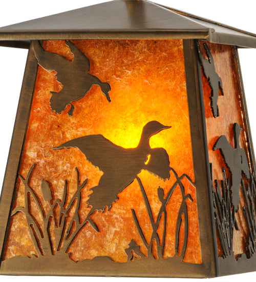 Meyda Lighting Ducks in Flight 10" Antique Copper Pendant Light With Amber Mica Shade Glass