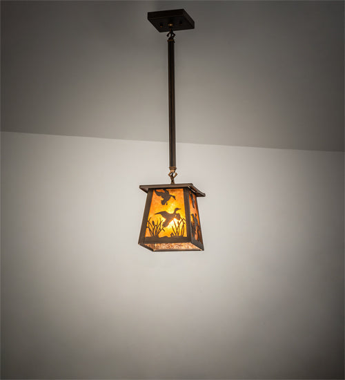 Meyda Lighting Ducks in Flight 10" Antique Copper Pendant Light With Amber Mica Shade Glass