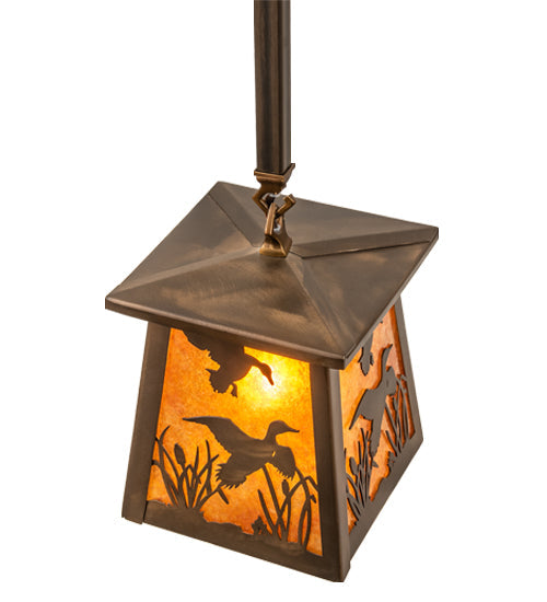 Meyda Lighting Ducks in Flight 10" Antique Copper Pendant Light With Amber Mica Shade Glass