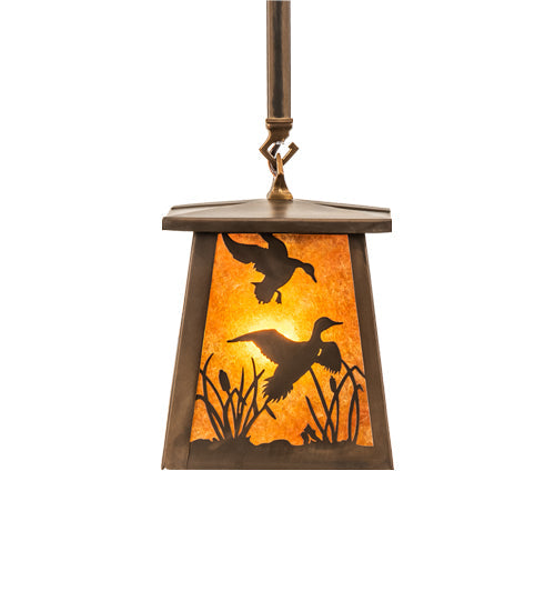 Meyda Lighting Ducks in Flight 10" Antique Copper Pendant Light With Amber Mica Shade Glass