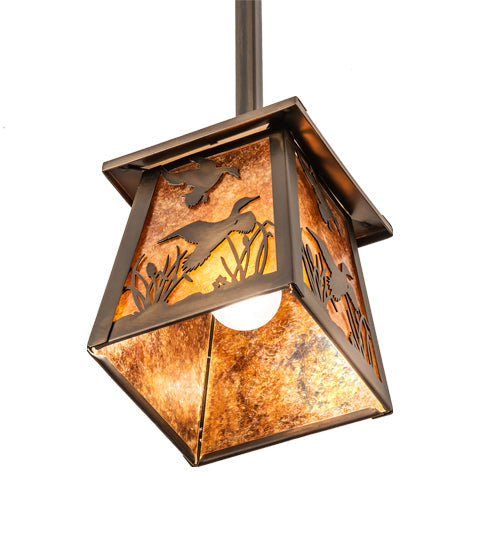 Meyda Lighting Ducks in Flight 10" Antique Copper Pendant Light With Amber Mica Shade Glass