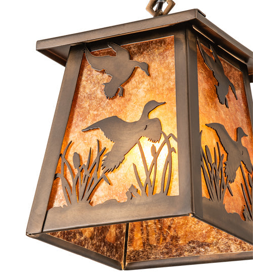 Meyda Lighting Ducks in Flight 10" Antique Copper Pendant Light With Amber Mica Shade Glass