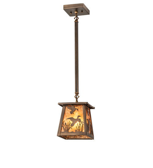 Meyda Lighting Ducks in Flight 10" Antique Copper Pendant Light With Amber Mica Shade Glass