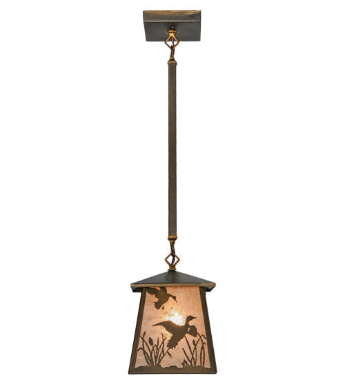 Meyda Lighting Ducks in Flight 10" Antique Copper Pendant Light With Silver Mica Shade Glass