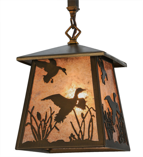 Meyda Lighting Ducks in Flight 10" Antique Copper Pendant Light With Silver Mica Shade Glass