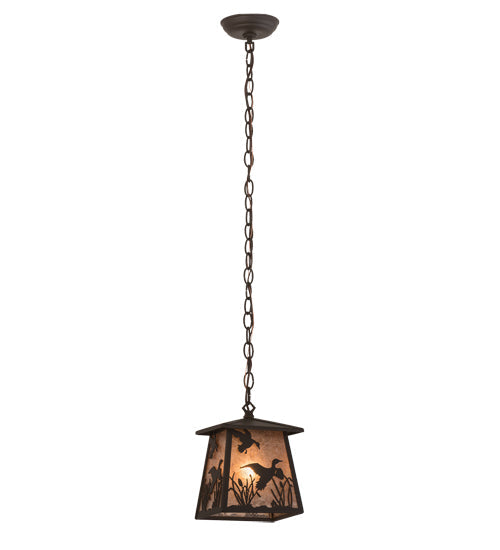 Meyda Lighting Ducks in Flight 10" Oil Rubbed Bronze Mini Pendant Light With Silver Mica Shade Glass
