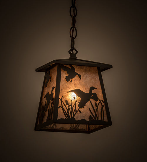Meyda Lighting Ducks in Flight 10" Oil Rubbed Bronze Mini Pendant Light With Silver Mica Shade Glass