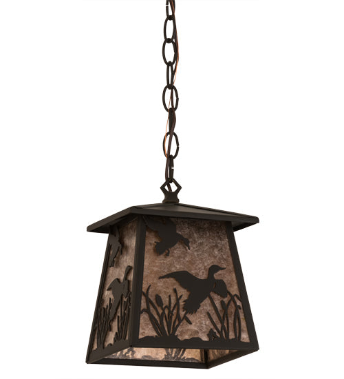 Meyda Lighting Ducks in Flight 10" Oil Rubbed Bronze Mini Pendant Light With Silver Mica Shade Glass