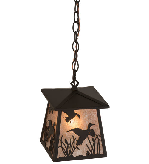 Meyda Lighting Ducks in Flight 10" Oil Rubbed Bronze Mini Pendant Light With Silver Mica Shade Glass