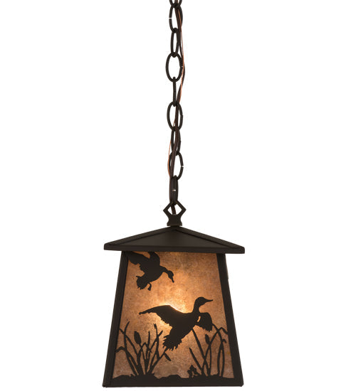 Meyda Lighting Ducks in Flight 10" Oil Rubbed Bronze Mini Pendant Light With Silver Mica Shade Glass
