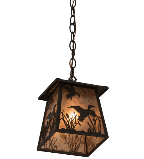 Meyda Lighting Ducks in Flight 10" Oil Rubbed Bronze Mini Pendant Light With Silver Mica Shade Glass