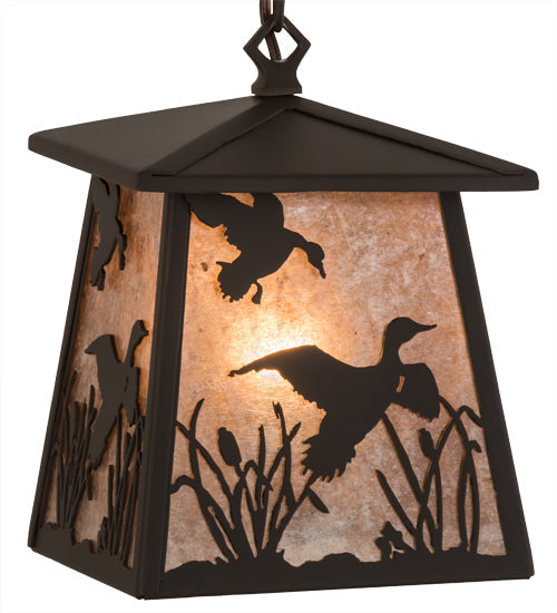 Meyda Lighting Ducks in Flight 10" Oil Rubbed Bronze Mini Pendant Light With Silver Mica Shade Glass