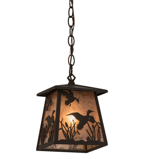 Meyda Lighting Ducks in Flight 10" Oil Rubbed Bronze Mini Pendant Light With Silver Mica Shade Glass