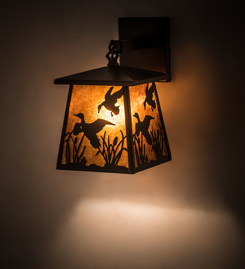 Meyda Lighting Ducks in Flight 10" Timeless Bronze Wall Sconce With Amber Mica Shade Glass