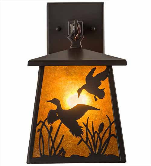 Meyda Lighting Ducks in Flight 10" Timeless Bronze Wall Sconce With Amber Mica Shade Glass