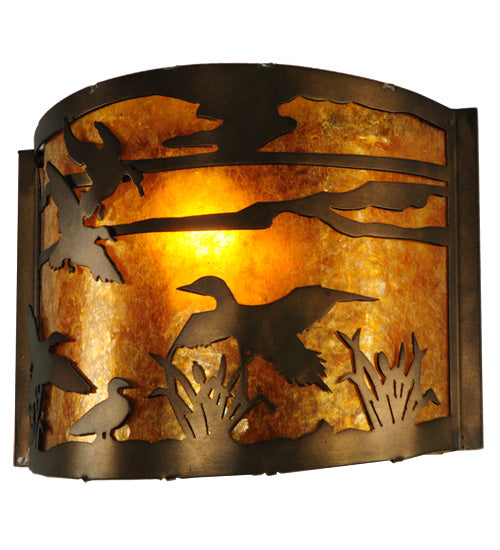 Meyda Lighting Ducks in Flight 12" Antique Copper Wall Sconce With Amber Mica Shade Glass