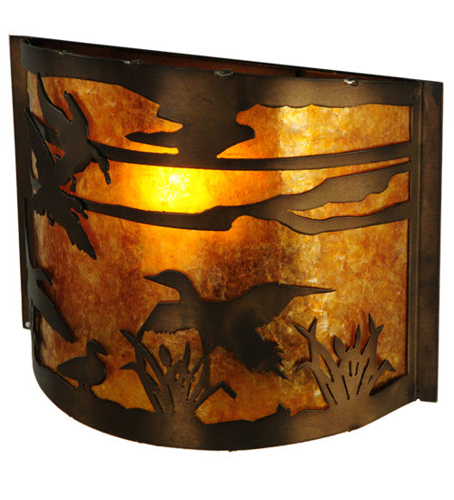 Meyda Lighting Ducks in Flight 12" Antique Copper Wall Sconce With Amber Mica Shade Glass