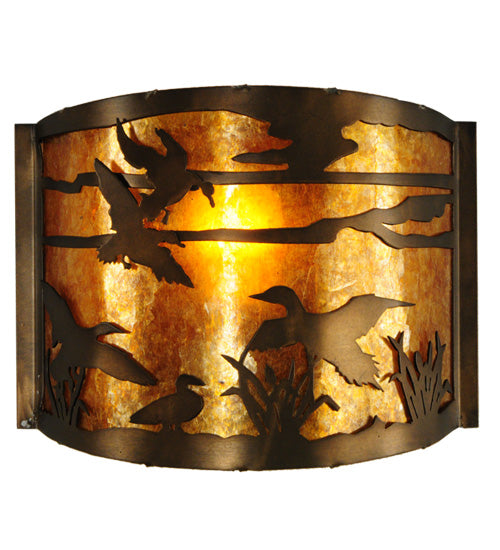 Meyda Lighting Ducks in Flight 12" Antique Copper Wall Sconce With Amber Mica Shade Glass