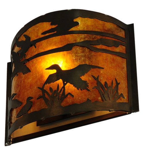 Meyda Lighting Ducks in Flight 12" Antique Copper Wall Sconce With Amber Mica Shade Glass