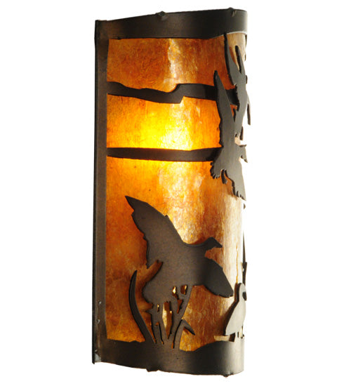 Meyda Lighting Ducks in Flight 12" Antique Copper Wall Sconce With Amber Mica Shade Glass