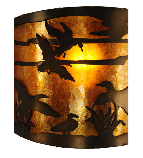 Meyda Lighting Ducks in Flight 12" Antique Copper Wall Sconce With Amber Mica Shade Glass