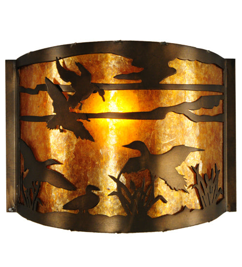 Meyda Lighting Ducks in Flight 12" Antique Copper Wall Sconce With Amber Mica Shade Glass