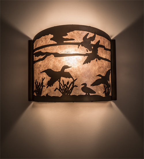Meyda Lighting Ducks in Flight 12" Antique Copper Wall Sconce With Silver Mica Shade Glass