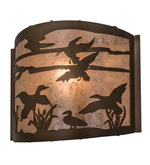 Meyda Lighting Ducks in Flight 12" Antique Copper Wall Sconce With Silver Mica Shade Glass