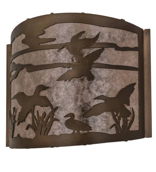 Meyda Lighting Ducks in Flight 12" Antique Copper Wall Sconce With Silver Mica Shade Glass
