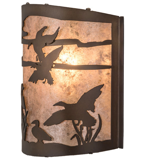 Meyda Lighting Ducks in Flight 12" Antique Copper Wall Sconce With Silver Mica Shade Glass