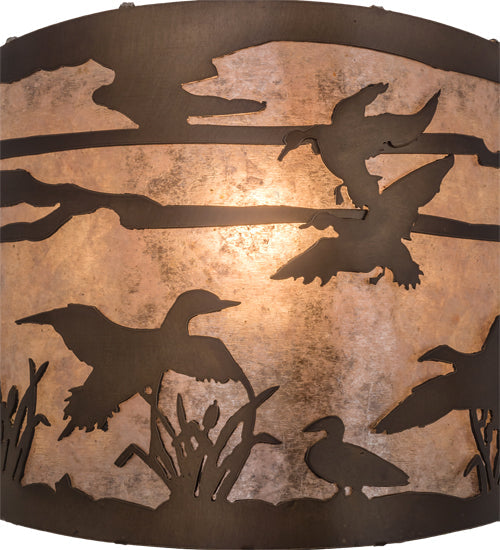 Meyda Lighting Ducks in Flight 12" Antique Copper Wall Sconce With Silver Mica Shade Glass