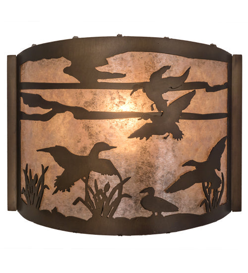 Meyda Lighting Ducks in Flight 12" Antique Copper Wall Sconce With Silver Mica Shade Glass