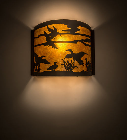 Meyda Lighting Ducks in Flight 12" Timeless Bronze Wall Sconce With Amber Mica Shade Glass