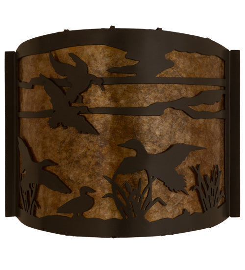 Meyda Lighting Ducks in Flight 12" Timeless Bronze Wall Sconce With Amber Mica Shade Glass