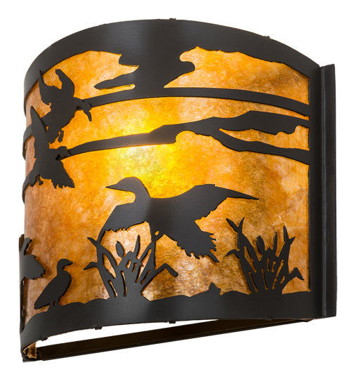 Meyda Lighting Ducks in Flight 12" Timeless Bronze Wall Sconce With Amber Mica Shade Glass